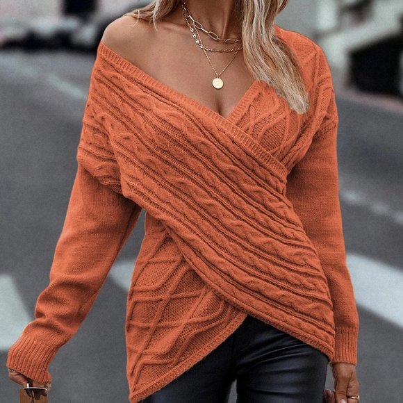 . Sweaters - Orange Casual Womens Wrap Cross Drop Shoulder Cable Knit Sweater